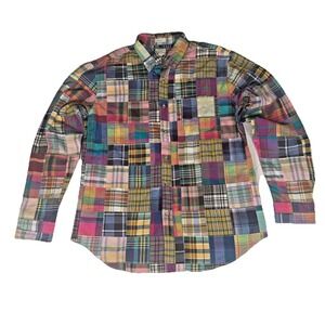 J CREW Shirt Indian Madras Mens Sz Large Patchwork Classic Fit Plaid Button Up